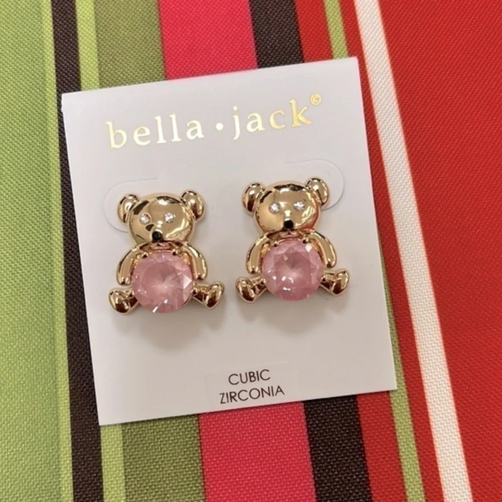 Brand New Bella Jack Teddy Bear Post Earring Gold Tone w/ Pink Stone